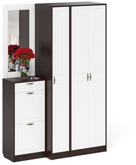 Прихожая П-6 Компоновка № 49, венге/фасады МДФ белое дерево фрезеровка прованс