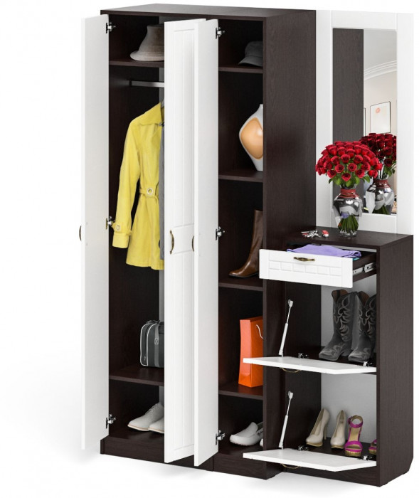 Прихожая П-6 Компоновка № 49, венге/фасады МДФ белое дерево фрезеровка прованс