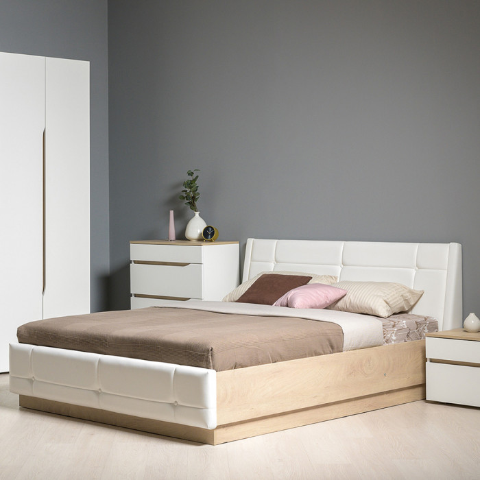 Муссон Кровать 11.28 + подъёмный ортопед + Комод 13.97, цвет белый/дуб эндгрейн элегантный/кожзам белый, сп. м. 1600х2000 мм., б/м