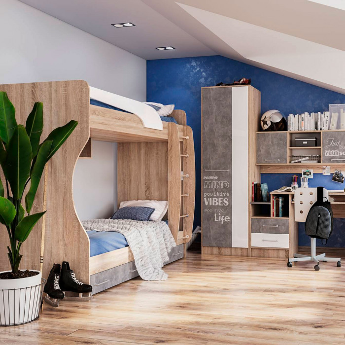 Спальня Колибри Лофт кровать двойная дуб сонома/ателье светлое+акрил белый