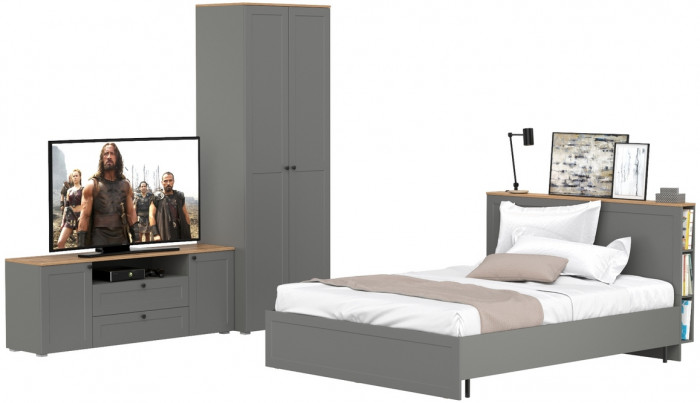 Остин 11.53 Кровать + ортопед + 13.224 Шкаф + 16.47 Тумба под ТВ, серый графит/дуб крафт золотой
