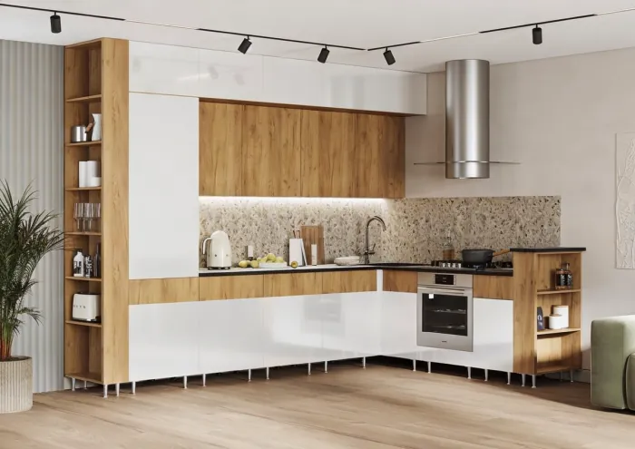 Кухня Техно-5 3,2*2,24м (Крафт/Белый глянец холодный, Дуб Крафт (Кастилло темный))