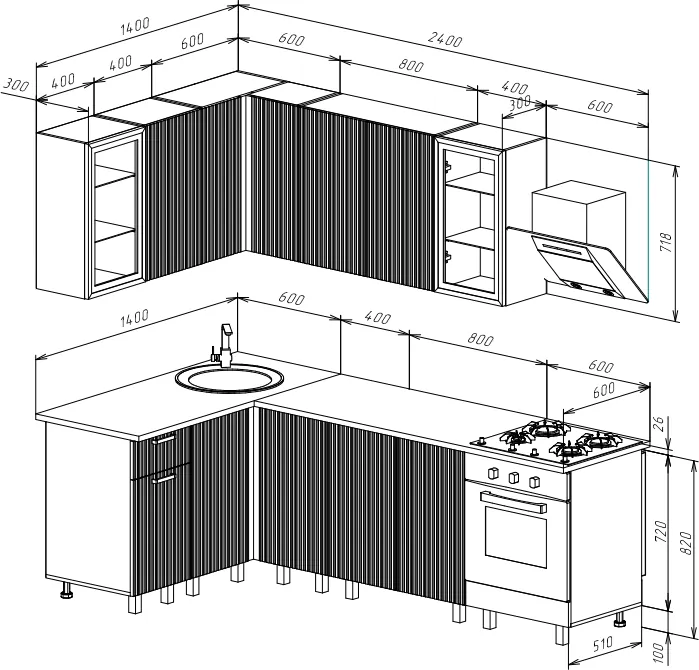 Угловая кухня Оливия NEW 1,4х2,4м, Крафт золотой/Холст латте