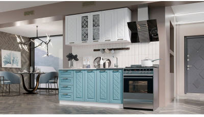 Кухня МДФ Агава 1600 (Акация белая / Аква, Белый)