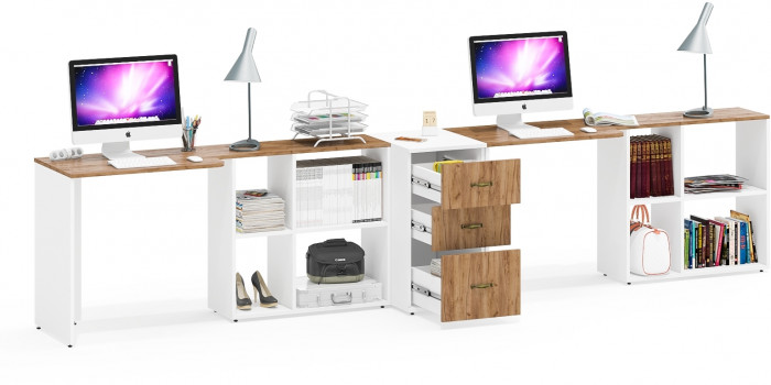 Лидер-8 Стол + Стол + Тумба МД 3.16, цвет белый шагрень/крафт золото, ШхГхВ 370х50/30х75 см. или 230х50/120х75 см., НЕ универсальная сборка