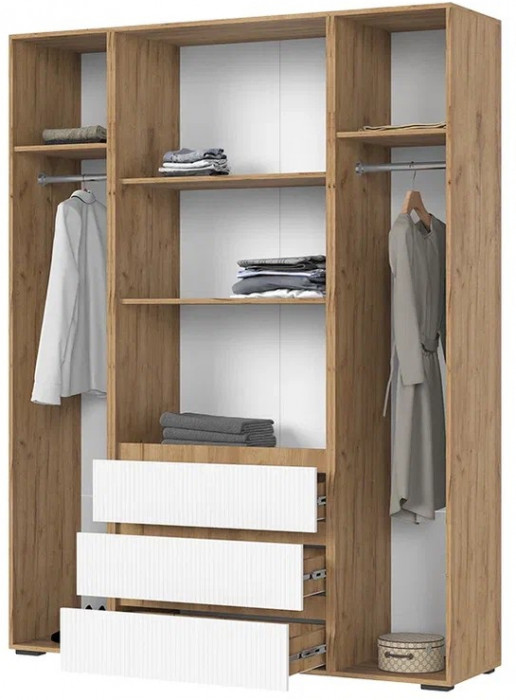 Хелен ШК 05 Шкаф 4х створчатый с ящиками (1600х2080х460) белый супермат,белый/дуб крафт золото