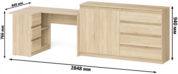 Мори Стол компьютерный МС-16 левый + Комод МК1600.1, цвет дуб сонома, ШхГхВ 284,8х84,9х94 см., выдвижные ящики слева, НЕ универсальная сборка
