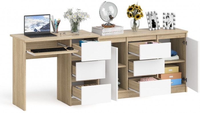 Мори Стол компьютерный МС-6 правый + Комод МК1200.3, цвет дуб сонома/белый, ШхГхВ 210,4х50х76,6 см., выдвижные ящики справа, НЕ универсальная сборка