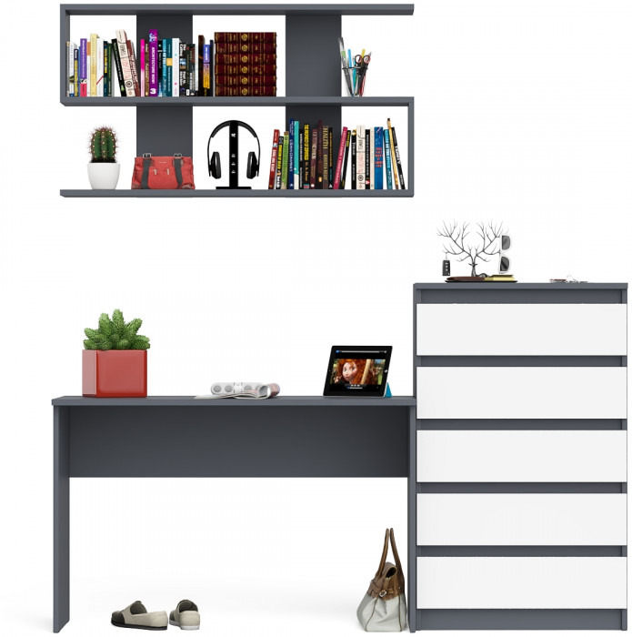 Мори Стол письменный МСП1200.1 + Комод МК700.5 + Полка 1200, цвет графит/белый, ШхГхВ 190,8х50х209,6 см., универсальная сборка