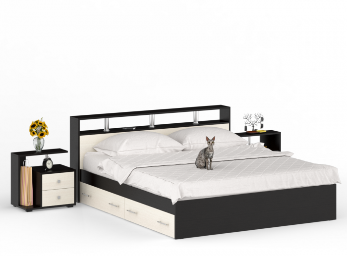 Камелия Кровать с ящиками 1800 + две тумбы, цвет венге/дуб лоредо, ШхГхВ 296х217х78,2 см., сп.м. 1800х2000 мм., без матраса, основание есть