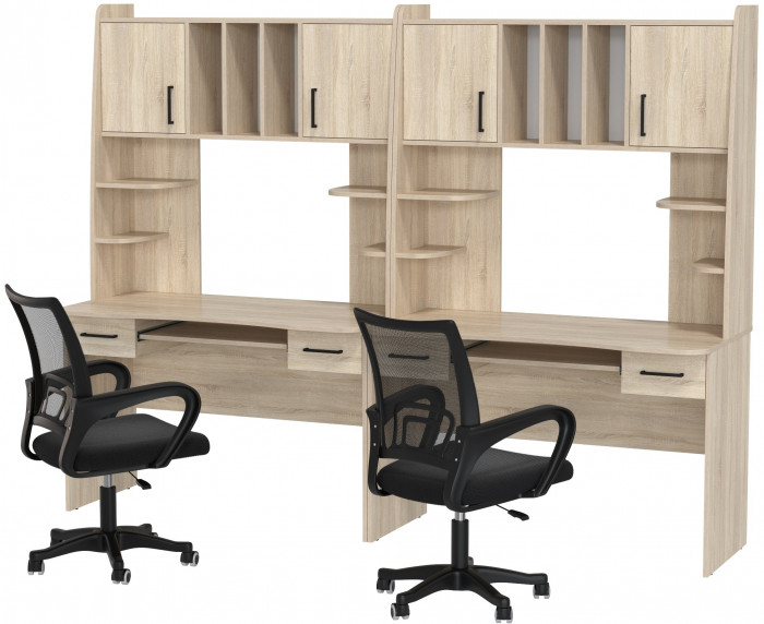 Два стола рабочих 6-0604 Бета + два кресла 103 чёрных, цвет дуб сонома, ШхГхВ 240х60,5х183,5 см.