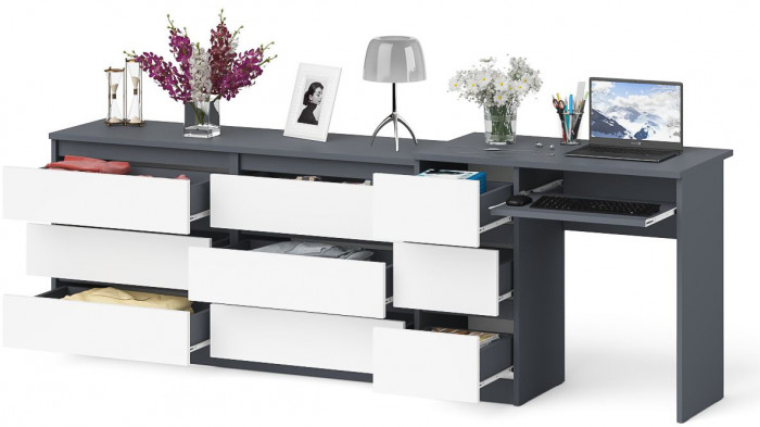 Мори компьютерный стол МС-6 левый + Комод МК1380.6, графит/белый