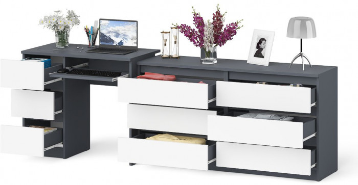 Мори компьютерный стол МС-6 левый + Комод МК1380.6, графит/белый