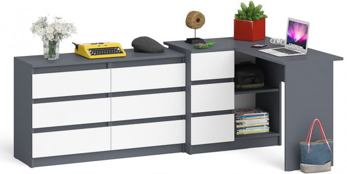 Мори компьютерный стол МС-16 левый + Комод МК1200.6, графит/белый