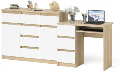 Мори Стол компьютерный МС-6 левый + Комод МК1200.4, цвет дуб сонома/белый, ШхГхВ 210,4х50х94 см., выдвижные ящики слева, НЕ универсальная сборка