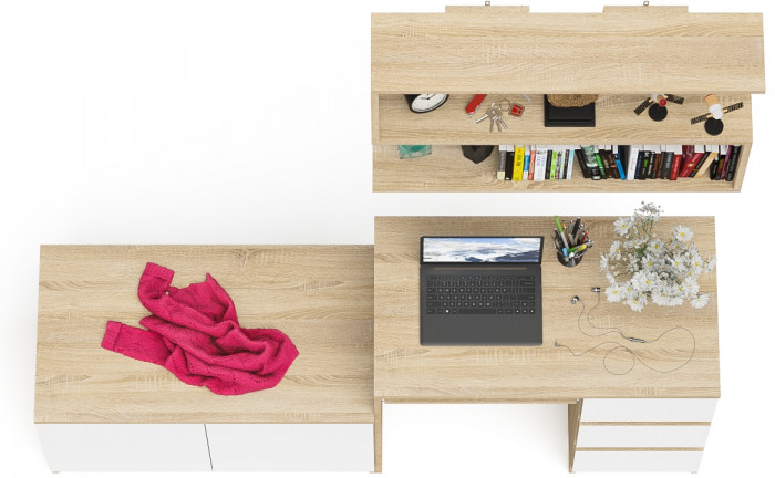 Мори Стол компьютерный МС-6 правый + Тумба МА900.1 + Полка 900, цвет дуб сонома/белый, ШхГхВ 180,4х50,4х209,6 см., НЕ универсальная сборка