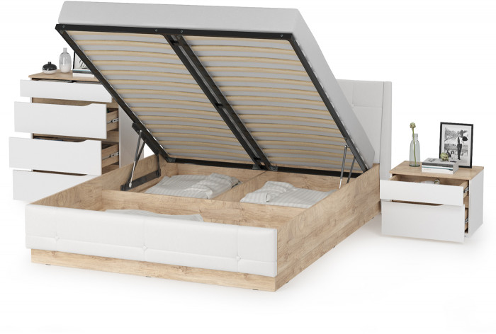 Муссон Кровать 11.28 + подъёмный ортопед + Тумба 16.03 + Комод 13.97, цвет белый/дуб эндгрейн элегантный/кожзам белый, сп. м. 1600х2000 мм., б/м