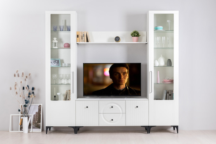 Валенсия Гостиная 16.45 Тумба под ТВ, ЛДСП белый шагрень/МДФ белый шагрень