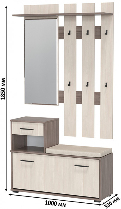 Лира ГК Прихожая 1 2-0714+2-3814 Тумба под обувь + Вешалка с зеркалом, цвет бодега тёмный/бодега светлый, ШхГхВ 100х33х185 см., универсальная сборка