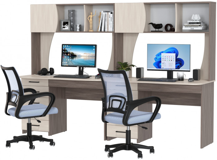 Два стола рабочих 6-0606 Сигма + два кресла 103 серых, цвет бодега тёмный/бодега светлый, ШхГхВ 241х60,5х166 см., НЕ универсальная сборка