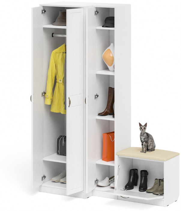 Прихожая П-6 Компоновка № 25, белая шагрень/фасады МДФ белое дерево фрезеровка прованс