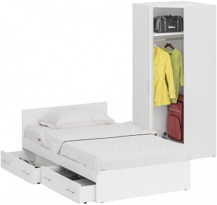 Кровать с ящиками 1200 + угловой шкаф Стандарт, белый