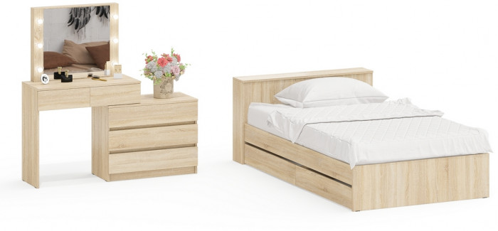Ксения Кровать с ящиками 1200 + Стол косметический с подсветкой 110, дуб сонома