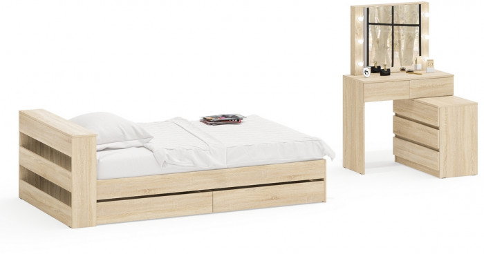 Ксения Кровать с ящиками 1200 + Стол косметический с подсветкой 110, дуб сонома