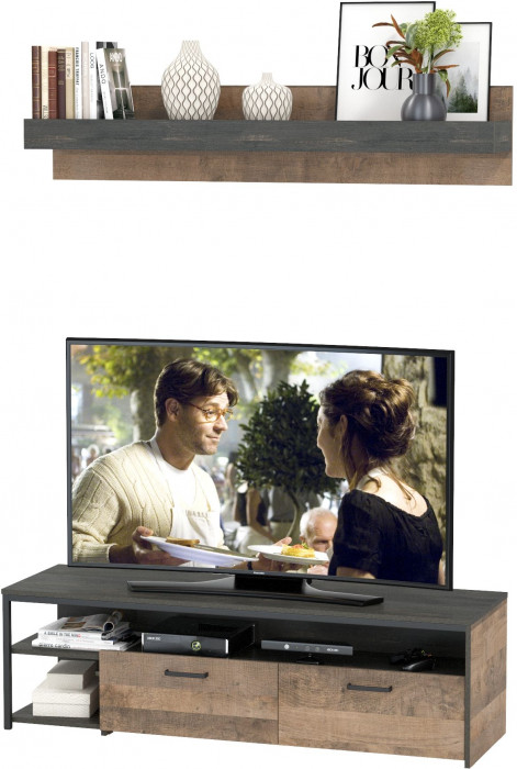 Трувор 13.70 Тумба под ТВ + 15.60 Полка, цвет дуб гранж песочный/интра, ШхГхВ 149,8х45,4х195 см., универсальная сборка