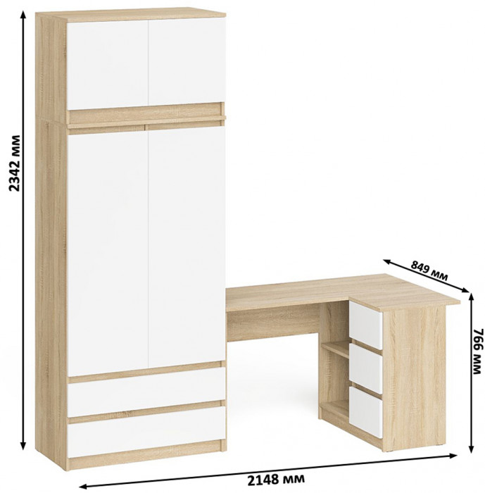 Мори компьютерный стол МС-16 правый + Шкаф МШ900.1 + Антресоль МА900.1, дуб сонома/белый