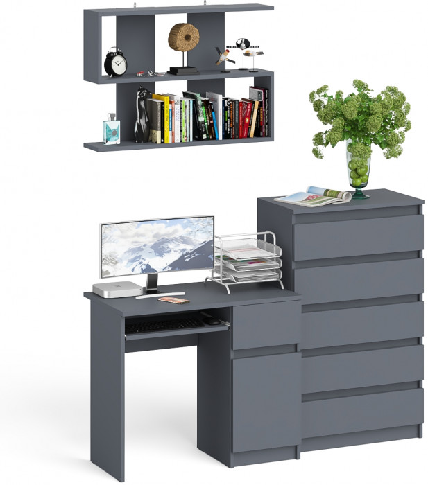 Мори Стол компьютерный МС-1 правый + Комод МК700.5 + Полка 900, цвет графит, ШхГхВ 160,4х50х209,6 см., НЕ универсальная сборка