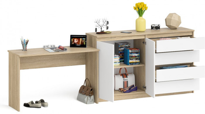 Мори письменный стол МСП1200.1 + Комод МК1600.1, дуб сонома/белый