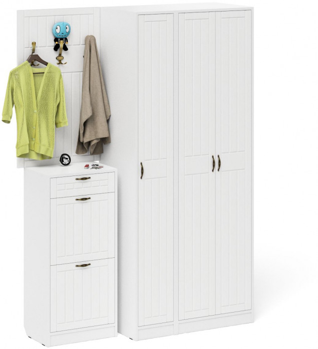 Прихожая П-6 Компоновка № 50, белая шагрень/фасады МДФ белое дерево фрезеровка прованс