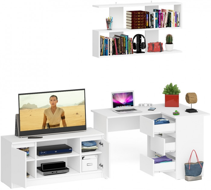 Мори компьютерный стол МС-16 правый + Тумба МТВ1200.1 + Полка 1200, белый