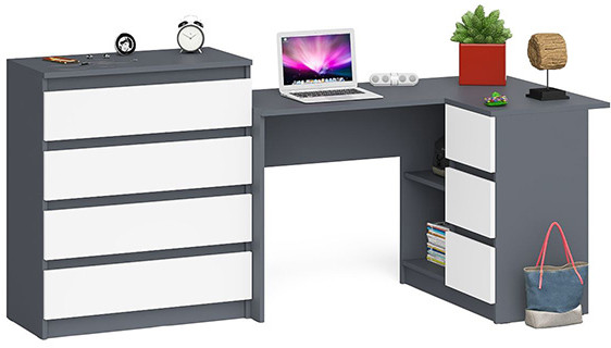 Мори Стол компьютерный МС-16 правый + Комод МК800.4, цвет графит/белый, ШхГхВ 204,8х84,9х94 см., выдвижные ящики справа, НЕ универсальная сборка