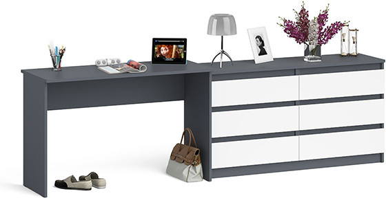 Мори Стол письменный МСП1200.1 + Комод МК1380.6, цвет графит/белый, ШхГхВ 258,4х50х76,6 см., универсальная сборка