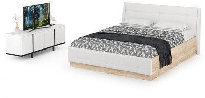 Муссон Кровать 11.28 + подъёмный ортопед + Тумба под ТВ Квадро 13.276, цвет белый/чёрный/дуб эндгрейн элегантный/кожзам белый, 1600х2000 мм., б/м