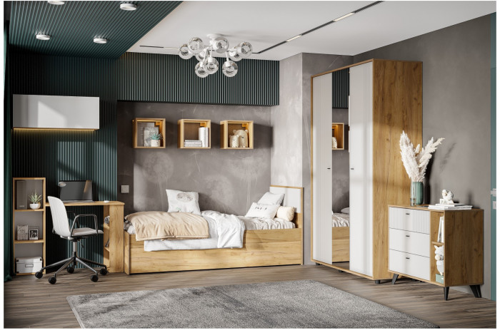 Милан Кровать одинарная (0,9*2,0) Дуб Золотой/Белый Матовый