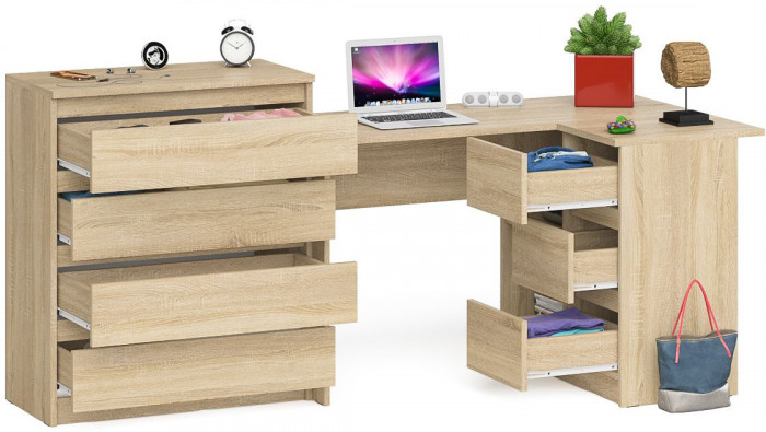 Мори Стол компьютерный МС-16 правый + Комод МК800.4, цвет дуб сонома, ШхГхВ 204,8х84,9х94 см., выдвижные ящики справа, НЕ универсальная сборка