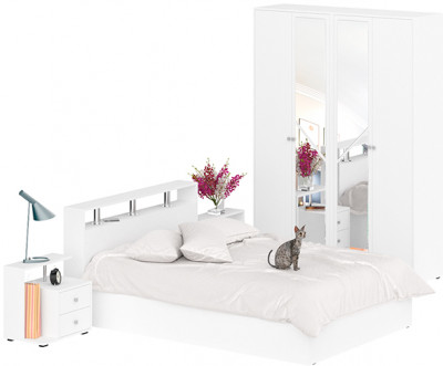 Камелия спальня № 1 Кровать 1400 + Две тумбы + Шкаф 4-х створчатый, цвет белый, сп.м. 1400х2000 мм., б/м, основание есть