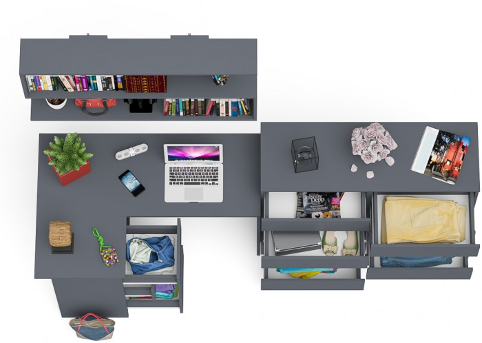 Мори компьютерный стол МС-16 левый + Комод МК1200.8 + Полка 1200, графит