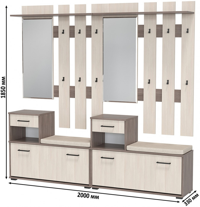 Лира ГК Прихожая 2 Два х Тумба под обувь + Два х Вешалка с зеркалом, цвет бодега тёмный/бодега светлый, ШхГхВ 200х33х185 см., универсальная сборка