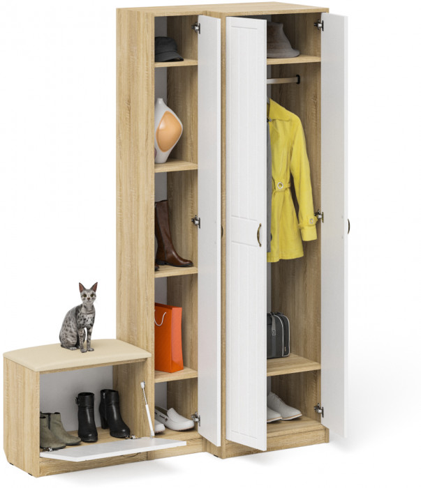 Прихожая П-6 Компоновка № 25, дуб сонома/фасады МДФ белое дерево фрезеровка прованс