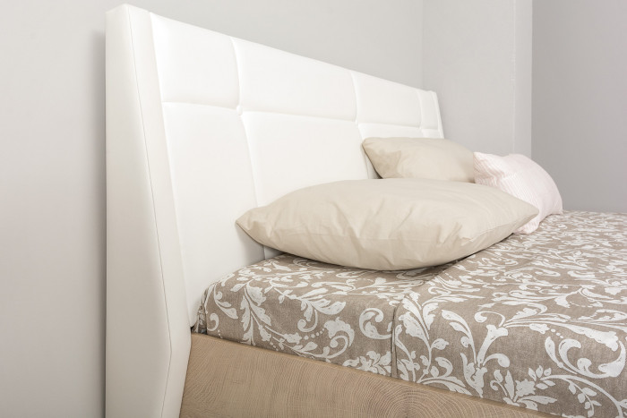 Муссон Кровать 11.28 + подъёмный ортопед, цвет дуб эндгрейн элегантный/искусственная кожа белая, ШхГхВ 177,2х224х95,3 см., сп. м. 1600х2000 мм., б/м