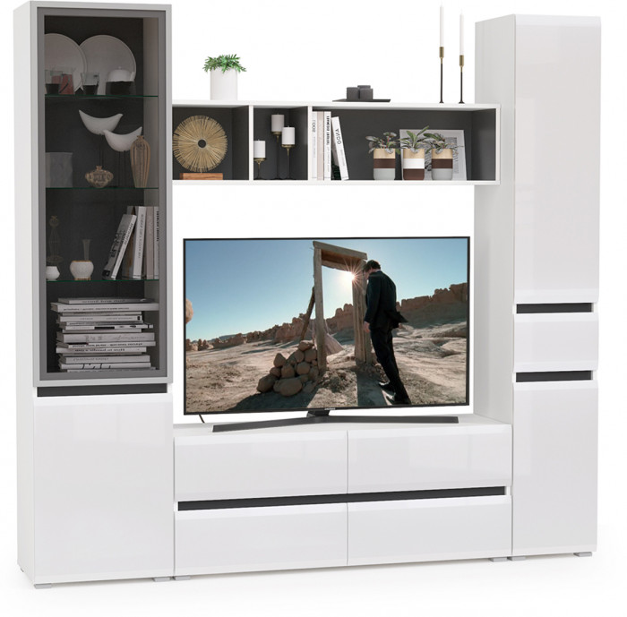 Сидней Комплектация № 023, корпус белый/чёрный/фасады МДФ белый глянец