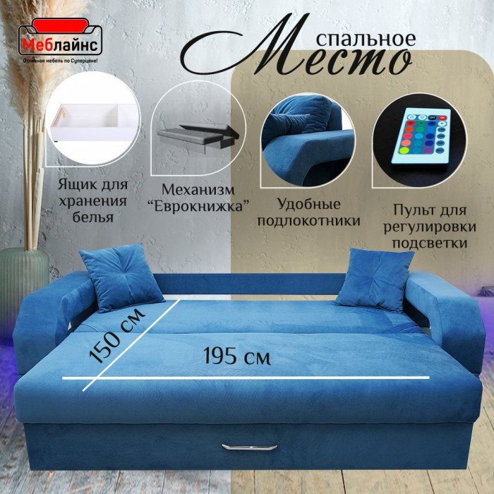 Диван-кровать Манчестер, еврокнижка, велюр, 150х195, синий