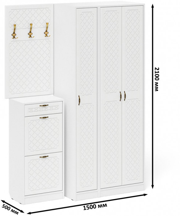 Прихожая П-6 Компоновка № 50, цвет белая шагрень/фасады МДФ белое дерево фрезеровка ромб, ШхГхВ 150х50х210 см., универсальная сборка