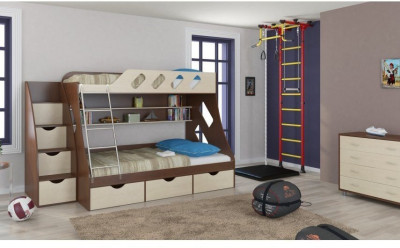 Детская двухъярусная кровать Дельта 20.01+23.02+25 (Оранжевый, Дуб молочный)