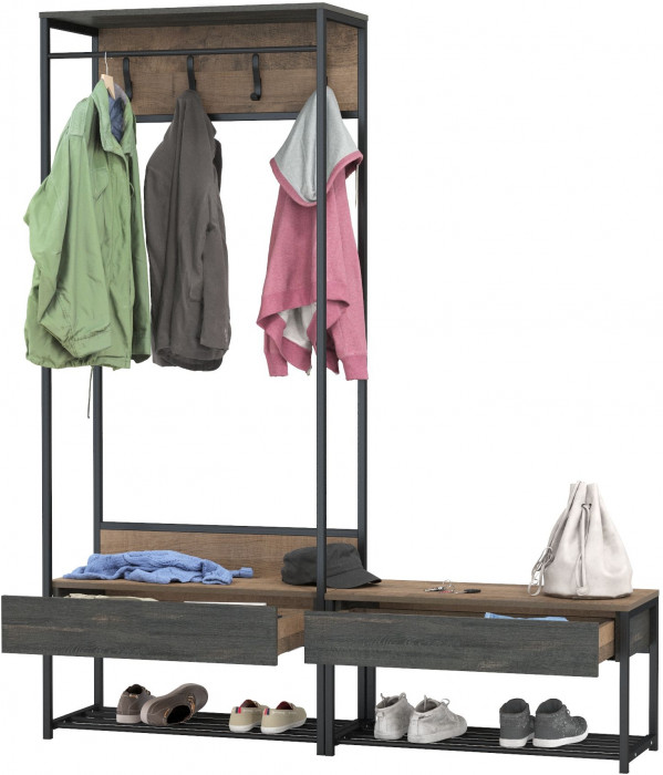 Трувор 15.120 Прихожая + 13.241.03 Тумба для обуви, цвет дуб гранж песочный/интра, ШхГхВ 160х36,6х194,2 см., универсальная сборка