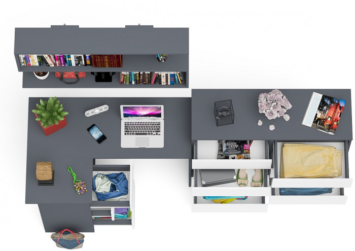 Мори компьютерный стол МС-16 левый + Комод МК1200.8 + Полка 1200, графит/белый